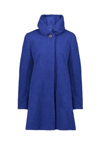 Manteau en laine bleu avec une finition texturée, col large et fermeture à un bouton. Manches longues et design mi-long. Pas de poches visibles.