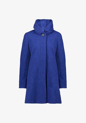 Blauwe wollen jas met een gestructureerde afwerking, brede kraag en een sluiting met één knoop. Lange mouwen en middellange design. Geen zichtbare zakken.