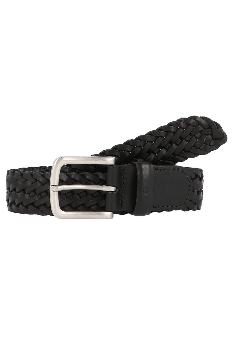 Cinturón trenzado de cuero negro con hebilla de metal plateado, que presenta una textura tejida y acentos lisos para un ajuste ajustable.