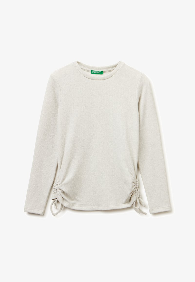 Hellgraues Langarmshirt aus strukturiertem Stoff mit Kordelzügen an den Seiten für eine verstellbare Passform und einem runden Ausschnitt.