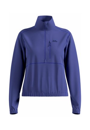 Lila Pulloverjacke mit halbem Reißverschluss, hohem Kragen und kleiner, mit Reißverschluss versehenem Brusttasche. Verfügt über Kontrastnähte und elastische Bündchen.