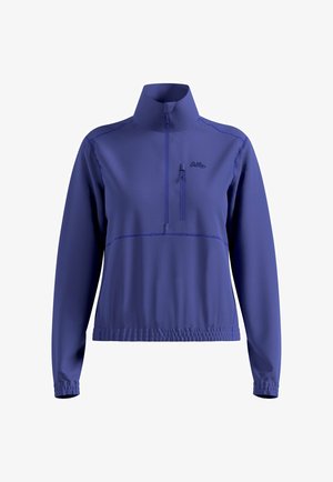 Lila Pulloverjacke mit halbem Reißverschluss, hohem Kragen und kleiner, mit Reißverschluss versehenem Brusttasche. Verfügt über Kontrastnähte und elastische Bündchen.