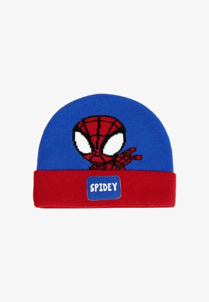 Knit beanie with a blue upper section and red cuff, featuring a Spider-Man design and a blue label that says "SPIDEY."