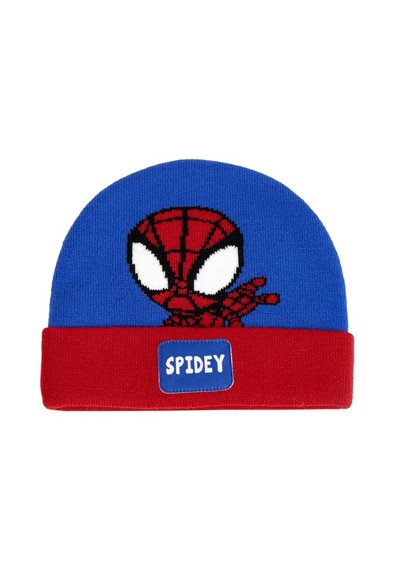 Bonnet en tricot avec une partie supérieure bleue et un revers rouge, présentant un design de Spider-Man et une étiquette bleue indiquant "SPIDEY."