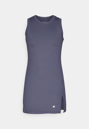 Mouwloze jurk in donker marineblauw, gemaakt van ribbelstof. Heeft een ronde halslijn, zijsplitten en een klein logo aan de zoom.