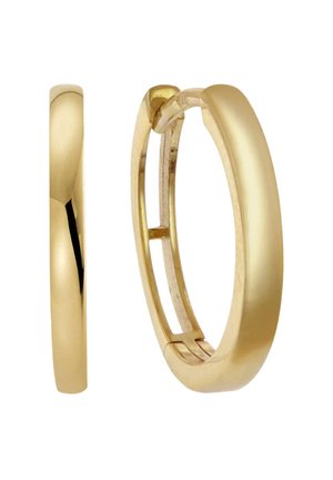 Goldenen Creolen mit einer glatten, polierten Oberfläche und einem sicheren Scharnierverschluss. Runde Form, mittlere Breite und elegantes Design.