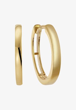 Gold hoop earrings featuring a smooth, polished finish with a secure hinge closure. Rounded shape, medium width, and sleek design.