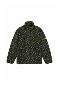 Chaqueta de forro polar verde con un patrón de diamante en negro y marrón, cuello alto, cierre de cremallera en la parte frontal y bolsillos laterales. Material texturizado y suave.