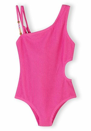 Jasnoróżowy jednoczęściowy strój kąpielowy z fakturowanej tkaniny, z jednym ramiączkiem na ramię, podwójnymi cienkimi ramiączkami ozdobionymi koralikami oraz bocznym wycięciem.