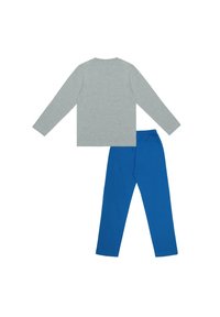 Grey long-sleeve shirt with a round neckline paired with blue lightweight pants featuring an elastic waistband. Simple design, smooth texture.