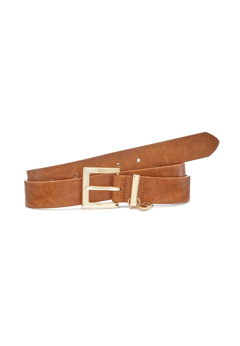 Brown leather belt with a gold-tone rectangular buckle and a loop. Features a smooth texture and multiple sizing holes.