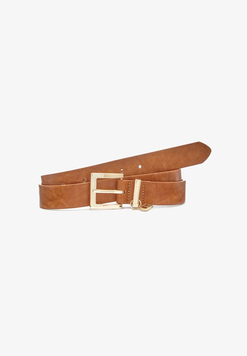 Brown leather belt with a gold-tone rectangular buckle and a loop. Features a smooth texture and multiple sizing holes.