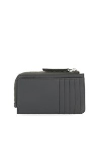 Graue Lederbrieftasche mit Reißverschluss, ausgestattet mit mehreren Kartenfächern und einer glatten Textur. Kompakte rechteckige Form mit minimalen Nähten.