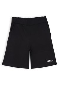 Pantaloni corti neri in cotone con vita elastica, tasche laterali e logo "PYREX" bianco sul lato sinistro della gamba. Design e vestibilità semplici.