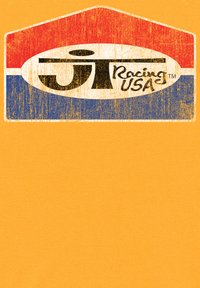 Retro závodní tričko; oranžový bavlněný základ s opotřebovaným logem v červené, bílé a modré barevné kombinaci; kruhový design s textem.