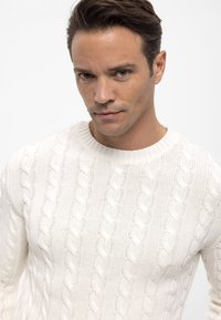 Suéter blanco de punto con un patrón de cable, cuello redondo y puños acanalados. Hecho de un material suave y texturizado.