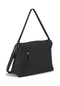 Bolso negro rectangular de hombro con bolsillo delantero con cremallera y correa ajustable, hecho de tela suave.
