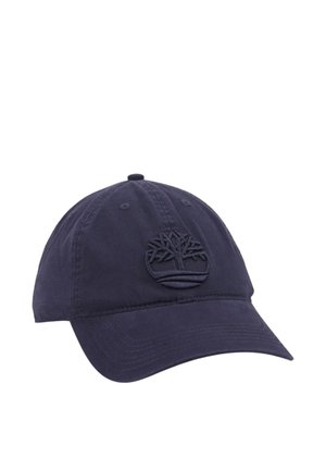 Cappellino da baseball blu scuro con visiera curva e logo a forma di albero ricamato al centro frontale.
