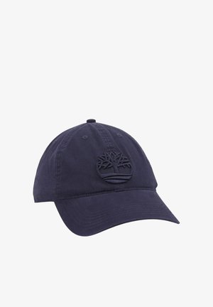 Cappellino da baseball blu scuro con visiera curva e logo a forma di albero ricamato al centro frontale.