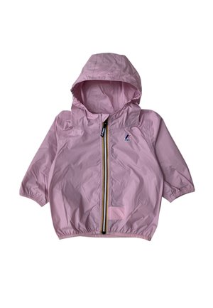 Giacca leggera rosa con cappuccio, chiusura con zip, polsini elasticizzati e una patch con il logo. Presenta una zip gialla a contrasto.