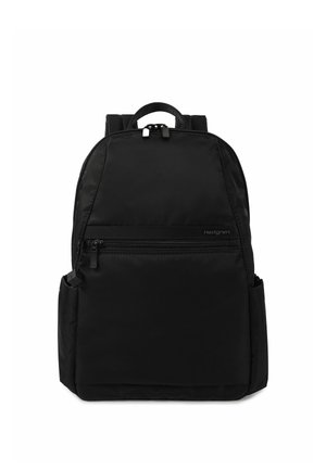 Sac à dos Hedgren noir avec bretelles rembourrées, poche avant zippée et poches latérales, présenté sur fond blanc.