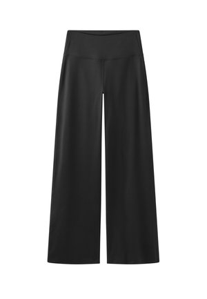 Schwarze Hose mit weitem Bein, hohem Bund und einem glatten, stromlinienförmigen Design.