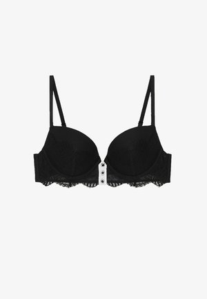 Zwarte kant beha met gevulkaniseerde cups, verstelbare bandjes en een decoratieve witte knoopsluiting aan de voorkant met een delicate gekartelde rand.