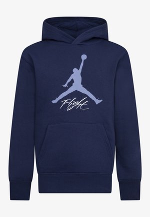 Marineblå hættetrøje med frontlomme, med en lyseblå silhuet af en basketballspiller, der hopper, og ordet "Flight" skrevet i kursiv nedenunder.