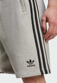 Grijze katoenen shorts met een zwart drie-stripes ontwerp langs de zijkanten. Adidas-logo geborduurd nabij de zoom. Effen textuur met zijzakken.