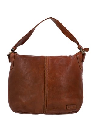 Bruine leren schoudertas met een zachte textuur, verticale naaddetails en een verstelbare schouderband met messing accenten.