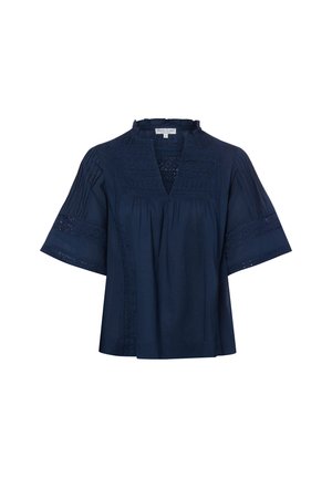 Marineblaue Bluse mit kurzen Ärmeln, V-Ausschnitt, Spitzen-Details auf Brust und Ärmeln sowie einem locker geschnittenen, gerafften Sitz.