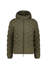 Olijfgroene pufferjack met capuchon, voorzien van een ritssluiting aan de voorkant, een gequilt patroon en elastische manchetten. Gemaakt van lichtgewicht, glad materiaal.
