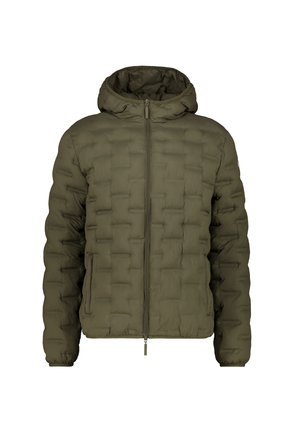 Veste doudoune vert olive avec capuche, dotée d'une fermeture éclair à l'avant, d'un motif matelassé et de manches élastiques. Fabriquée en matériau léger et lisse.