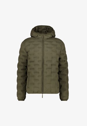 Veste doudoune vert olive avec capuche, dotée d'une fermeture éclair à l'avant, d'un motif matelassé et de manches élastiques. Fabriquée en matériau léger et lisse.
