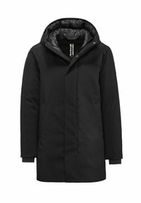 Parka nera con cappuccio, dotata di un rivestimento interno trapuntato, caratterizzata da una chiusura frontale con bottoni a pressione, tasche laterali e polsini a costine per un calore aggiuntivo.