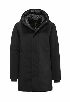 Zwarte gewatteerde parka met een gevoerde binnenvoering, voorzien van een drukknoopsluiting aan de voorkant, zijzakken en ribgebreide manchetten voor extra warmte.