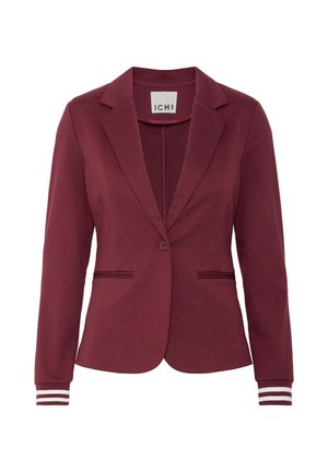 Bordeauxfarbener Blazer mit einer taillierten Passform, eingeknickten Revers, einer einzelnen Knopfverschlus und gestreiften Akzenten an den Ärmelabschlüssen. Glattes, leichtes Material.