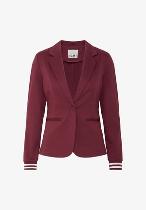 Bordeaux blazer met een getailleerde pasvorm, met schouderklappen, één knoopsluiting en gestreepte accenten op de mouwen. Glad, lichtgewicht materiaal.