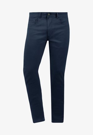 Navyblauwe katoenen broek met een slim fit, voorzien van voorzakken en een knoopsluiting. Gladde textuur en minimale ontwerpelementen.
