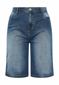 Denim Bermuda shorts vaaleansinisessä värissä, suoralla lahkeella, viidellä taskulla ja nappikiinnityksellä, jossa on hienovaraisia kulumisdetaileja.