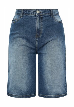 Denim bermuda shorts in medium blue, met een recht model, vijf zakken en een knoopsluiting met subtiele vervaging.