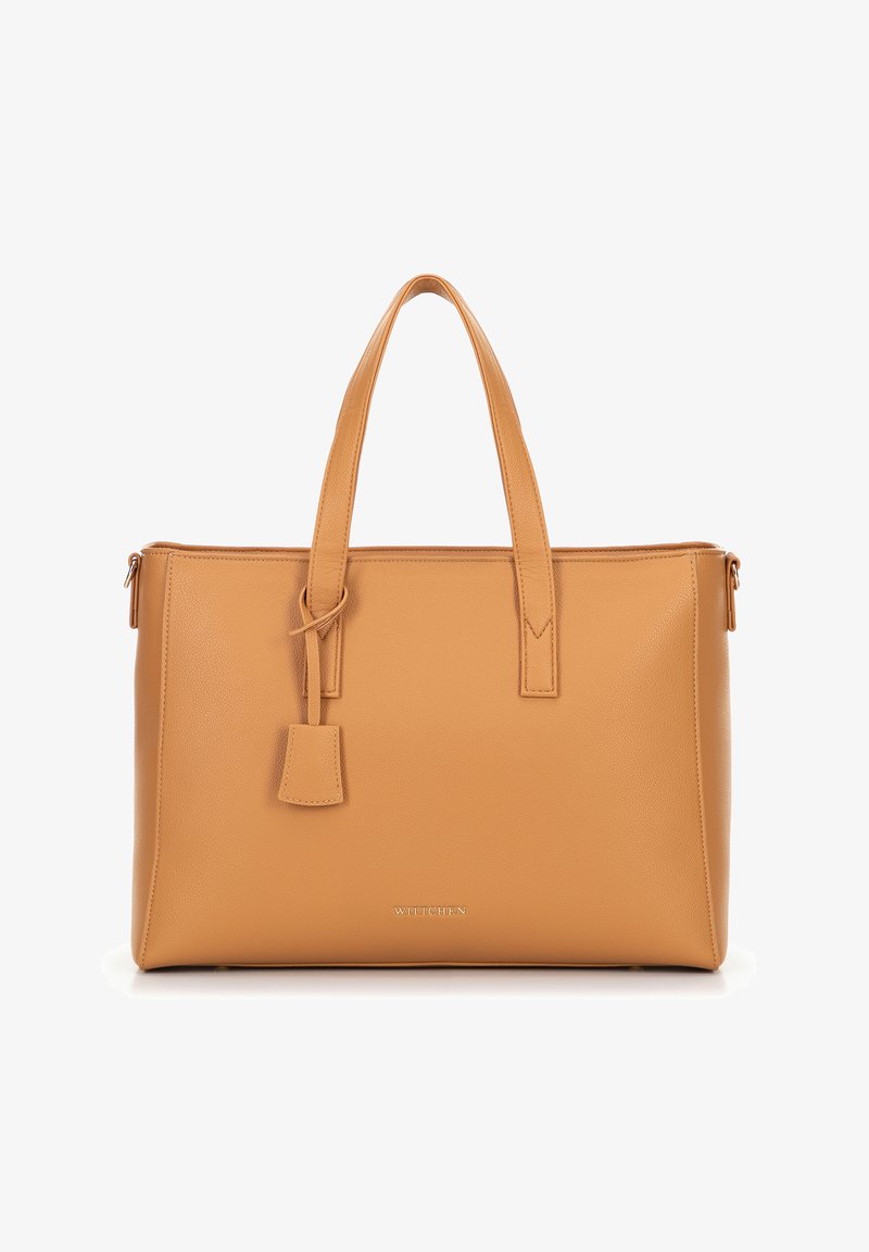 Tanleren draagtas met twee handvatten boven, rechthoekige vorm, gestructureerd oppervlak en een klein label voor bagage. Voorzien van een ritsluiting.