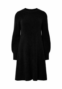 Abito nero lavorato a maglia con scollatura rotonda, maniche lunghe a sbuffo, gonna svasata e tessuto testurizzato. Design di lunghezza media adatto per abbigliamento casual.