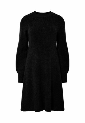 Robe noire en tricot avec un col rond, des manches longues bouffantes, une jupe évasée et un tissu texturé. Design mi-long adapté pour un usage quotidien.
