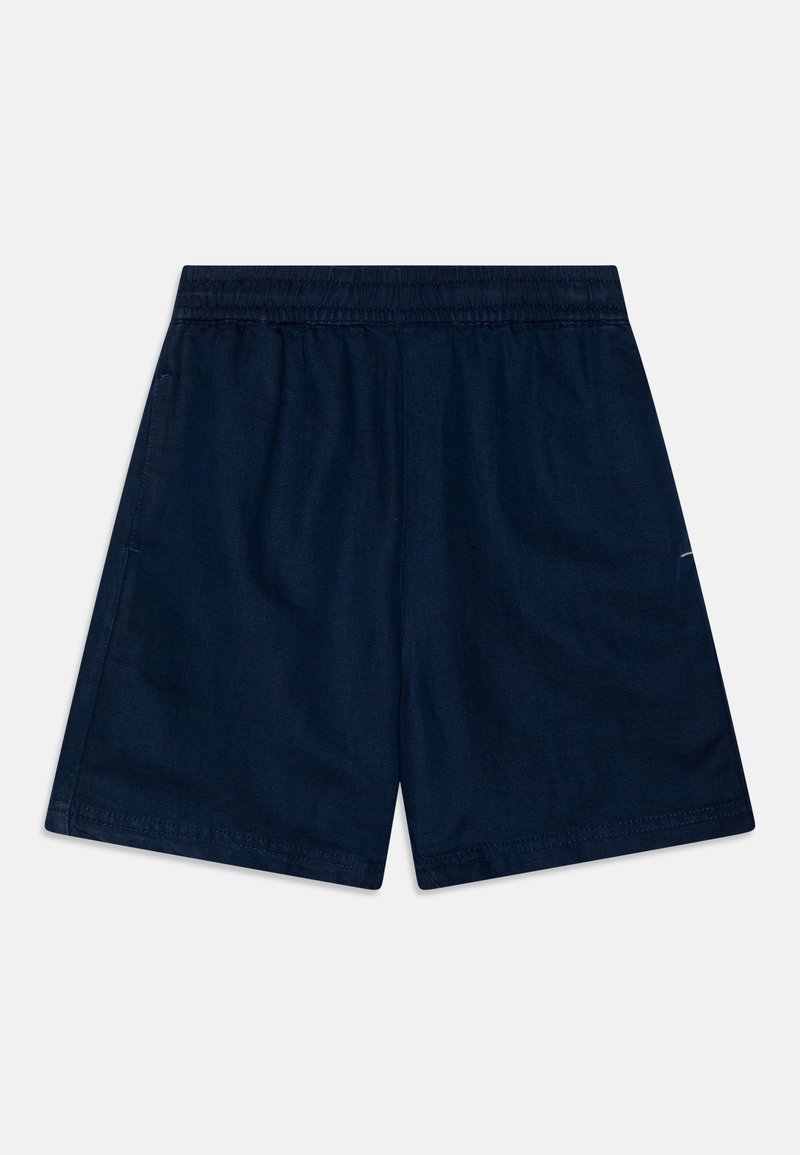 Shorts décontractés bleu marine avec taille élastique, ourlet droit et poches latérales, présentés à plat sur un fond clair.