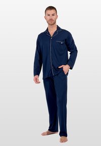 Hom Formentera Pigiama Uomo In Cotone - Manica Lunga Con Camicia E Pantaloni A Righe Blu E Verdi - Taglia Small