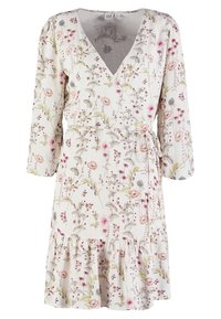 White floral wrap dress with pink, peach, and green botanical print, 3/4 sleeves, ruffled hem, and tie waist belt.