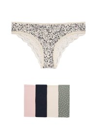 Perizoma con pizzo in crema con stampa floreale; quattro mutandine hipster in tinta unita e a fantasia nei colori rosa, blu navy, beige e verde scuro.