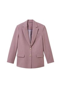 Světle růžový blazer vyrobený z texturované látky, s klopovým límcem, dvěma předními kapsami a třemi knoflíky. Interiér je v jednolité světle fialové barvě.