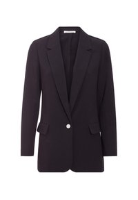 Black blazer made of textured fabric, featuring a notched lapel, single button closure, and two front pockets. Minimalist design.